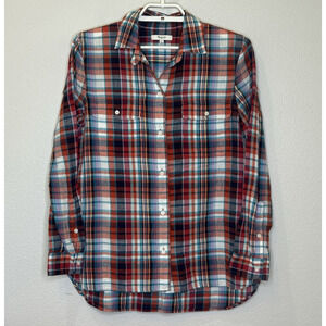 Madewell Button Down Top Women's Size Small Red Blue Plaid Long Sleeve Cotton